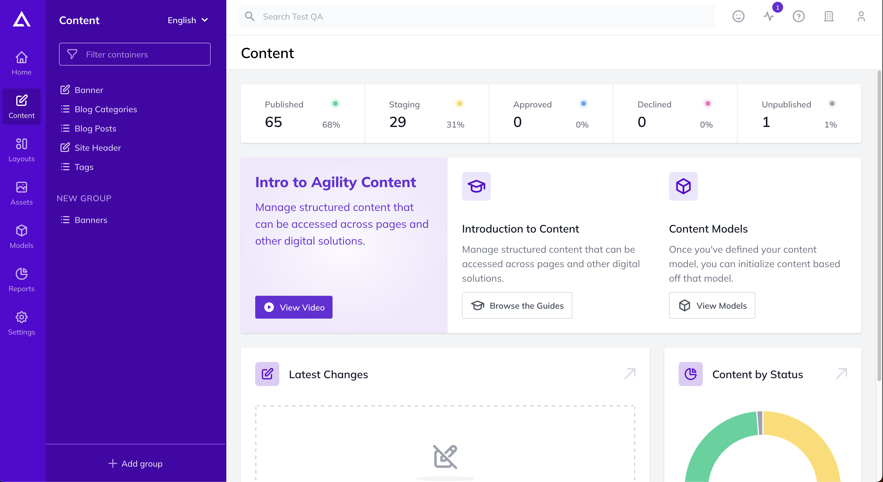 View of the Agility Content dashboard showing content reports, welcome guides, latest changes, and content status